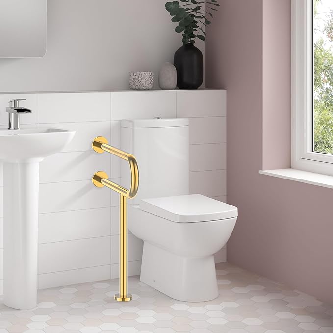 Toilet Grab Bar 23.4 Inch with Leg, YuanDe Wall Mounted Safety Bar, Stainless Steel Anti-Slip Bathroom Support Rail for Elderly, Disabled, Handicap, Seniors, Injury Recovery,Brushed Gold