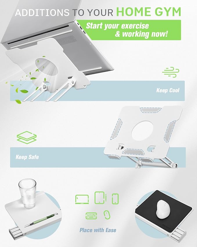 INMAKER Treadmill Desk Attachment, Universal Treadmill Laptop Holder Adjustble Height Width, Aluminum Laptop Stand for Treadmill with Tray White