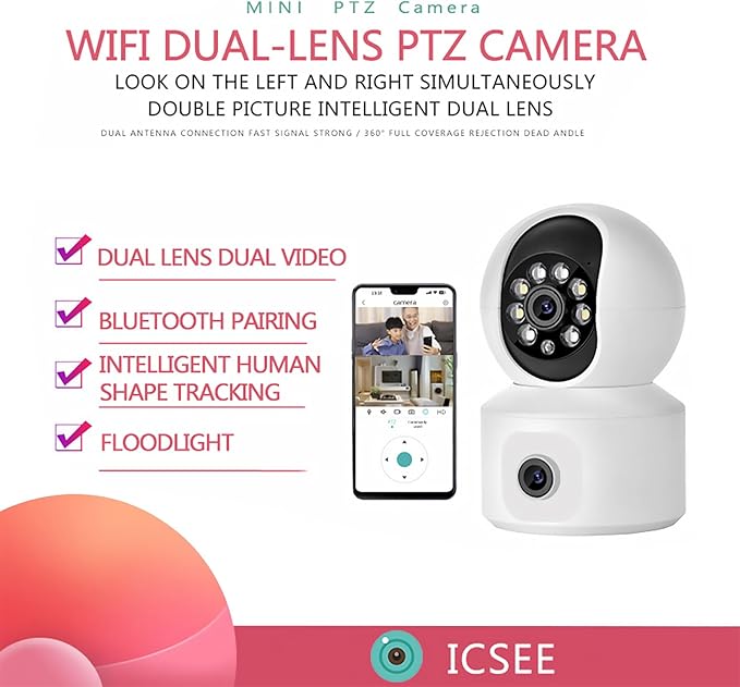 Dual-Lens Camera,Panoramic Smart Home Surveillance Wireless WiFi Camera,360 Degree Indoor Remote Surveillance Auto Tracking,Three Night Vision Modes Bluetooth HD Camera for Home Security