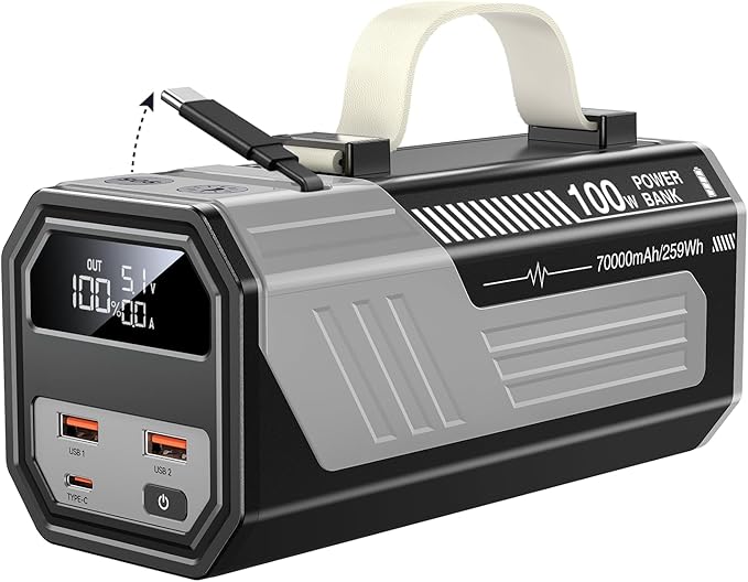 Laptop Power Bank,70,000mAh Portable Charger with 100W USB-C Ports, Built-in and Retractable Cables,100W Input, Fast Charging for MacBook Pro/Air/iPhone 16/iPad Pro/Galaxy S25 Ultra and More