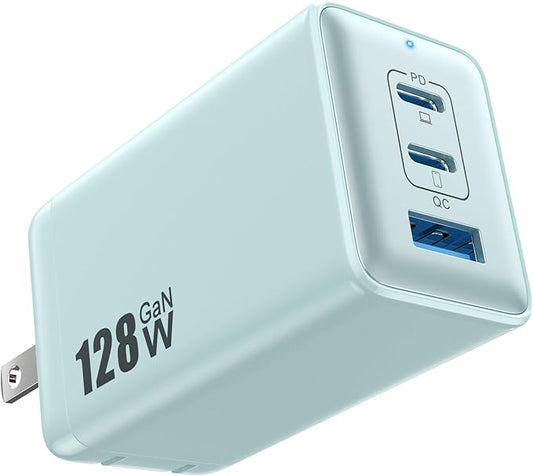 128W USB C Wall Charger,GaN III 3-Port Fast Charging Station,PD QC Foldable Charger Block Portable 65W Laptop Adapter for MacBook Pro/Air,iPad Pro,Galaxy S23,Dell XPS 13,iPhone 16/15/Pro etc