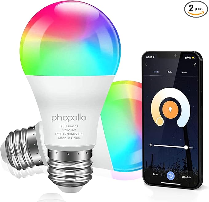 phopollo Smart Light Bulbs, RGBCW WiFi Multicolor Led Light Bulbs Compatible with Alexa & Google Home Assistant, A19 E26 9W 60W Equivalent 800Lumen, App Control, No Hub Required, 2 Pack