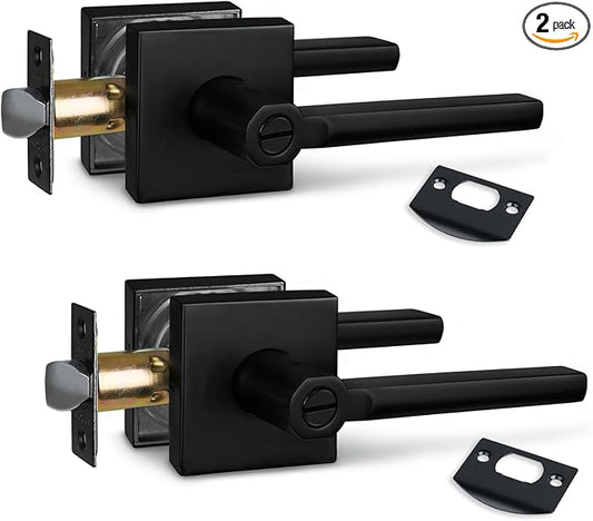 (2Pack) Bed/Bath Room Door Lever for Privacy Bathroom and Interior Door Door Lock Handle in Aged Matt Black, HD1601-DB-BK-2P