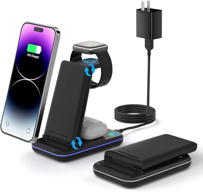 Wireless Charger for iPhone, Foldable 3 in 1 Fast Charging Station/Stand/Multi Charger for iPhone15 14 13 12 11/Xs/XR/X/8, Travel Pad for Apple Watch S8/Ultra/7/6/5/4/3/2/SE, Airpods 2/3/Pro/Pro 2