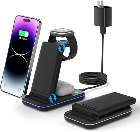 Wireless Charger for iPhone, Foldable 3 in 1 Fast Charging Station/Stand/Multi Charger for iPhone15 14 13 12 11/Xs/XR/X/8, Travel Pad for Apple Watch S8/Ultra/7/6/5/4/3/2/SE, Airpods 2/3/Pro/Pro 2