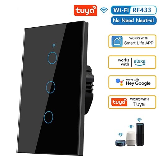 2.4GHz WiFi Smart Wall Touch Light Switch (Glass Panel, Alexa Multi-Control Compatible, Compatible with Multiple Platforms) (Wall Switch 3 Gang)