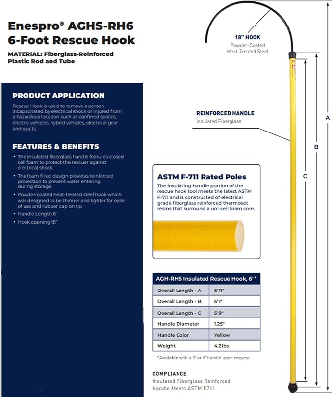 Rescue Hook Hotstick, Electrical Safety, 6 foot, AGHS-RH6