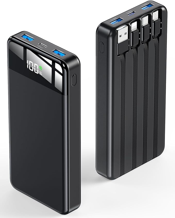 Portable Charger 35000mAh Power Bank - Powerbank with 4 Built in Cables, 22.5W Fast Charging Travel Camping Essential Battery Pack Compatible with iPhone 16 15 14 13 Samsung Google etc, 1 Pack