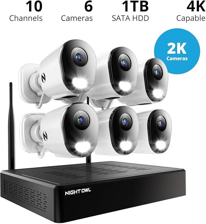 Night Owl 10 Channel Bluetooth Video Home Security Camera System with (6) Plug-in Wi-Fi 2K HD Indoor/Outdoor Spotlight Cameras with 2-Way Audio and 1TB Hard Drive (Expandable up to 10 Cameras)