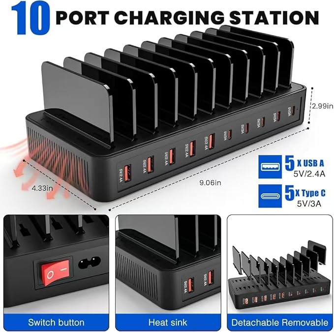 100W 10-Port Smart Charging Station | 5 USB-A & 5 USB-C Ports | Organized Design for Cellphones, Tablets, Watches & More (Black)