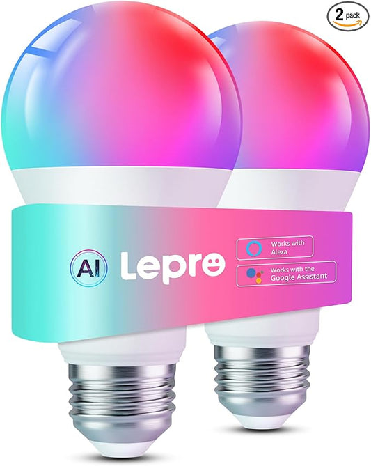 Lepro B2 AI Smart Light Bulbs - 1100LM WiFi & Bluetooth RGBWW Color Changing LED Bulb, Works with Alexa & Google Assistant, AI Generated Lighting, AI Voice Control, Music Sync, 2.4GHz Only, 2 Pack