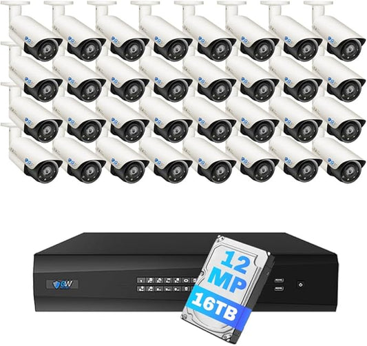 GW Security 64 Channel UltraHD 12MP 6K @ 30FPS Realtime 3X Motorized Zoom PoE Security Camera System with 32 x 12MP IP Two-Way Audio Full-Time Color Night Vision Outdoor/Indoor Smart AI Bullet Cameras