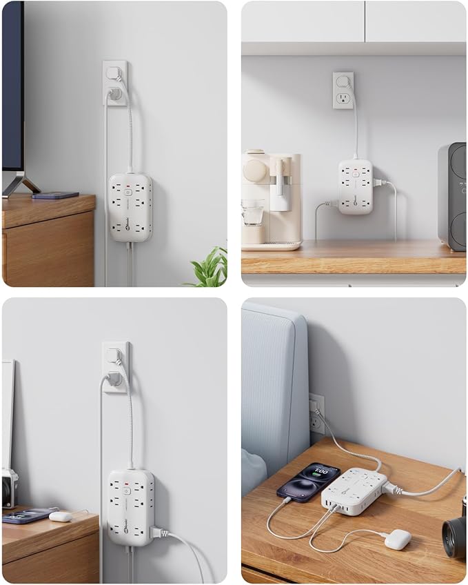 Flat Outlet Extender with 12 Inch Cord, Surge Protector Flat Plug Extension Outlet Splitter Adapter, 12 AC 6 USB(3 USB C) with Electrical 3 Way Multi Wall Plug Extender for Travel Dorm Room Essentials