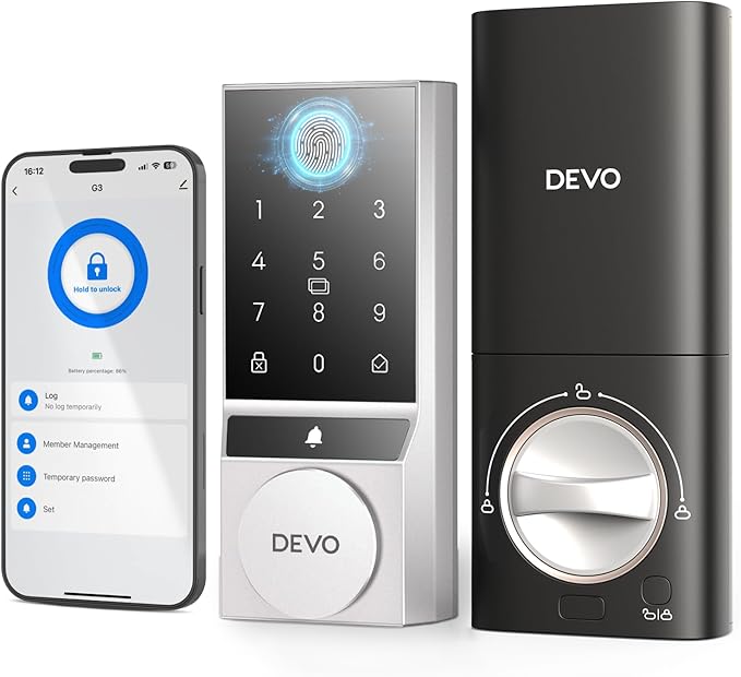 Devo G3 Fingerprint Smart Door Lock, Keyless Entry Door Lock, App Control, Smart Locks for Front Door, Smart Deadbolt Lock, Built-in Wi-Fi, Touchscreen Keypad, 8 Months Battery, IP54 Waterproof