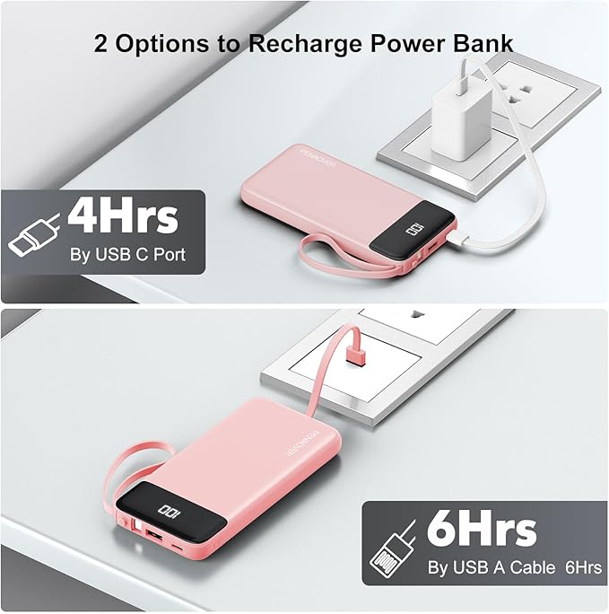 Portable Charger 10000mAh Power Bank with Built-in Cable, 5 Output 2 Input Travel Essential External Battery Pack with LED Display Compatible with iPhone 16/15 Samsung S22 Android,etc
