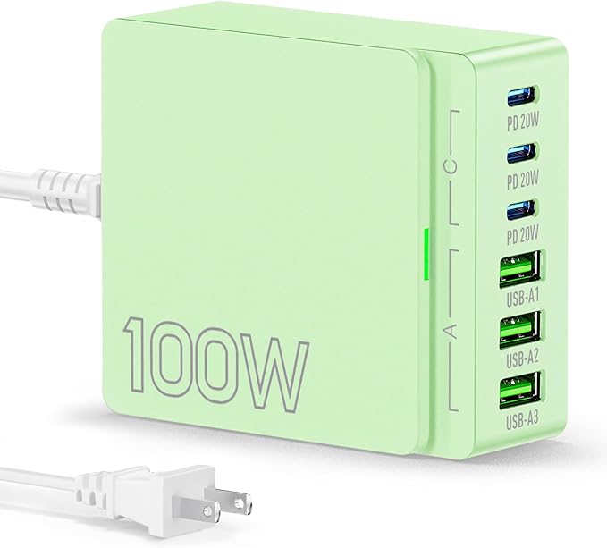 USB C Charger Block Charging Station: 100W 6 Port GaN Fast Charging Brick Hub Cube Box - PD 3.0 Type C & USB A Wall Charger Power Adapter for All iPhone 17 iPad Samsung Android Pixel Series