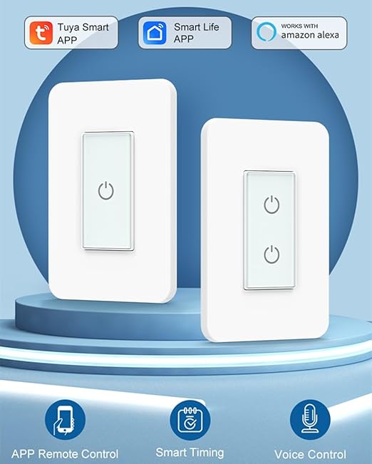 Nexete Smart Light Switch,2.4GHz Wi-Fi Single Pole Touch Switch, Timmer Voice & Smart Life App Control,Compatible with Alexa Google Assistant,Neutral Wire Required,White (Single & Dual Switches)