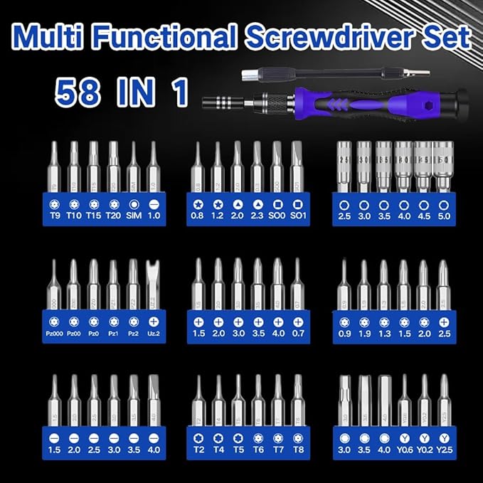 58-in-1 Precision Screwdriver Set, Magnetic Repair Tool Kit with 54 Bits & Extension Rod – for iPhone, Android, Laptop, PC, Watch, Game Console, Electronics, Toys