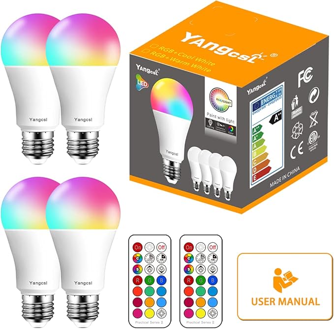 LED Light Bulbs 70W Equivalent, RGB Color Changing Light Bulb, 2 Moods/Memory/Sync/Dimmable, A19 E26 Screw Base, Timing Remote Control Included (Pack of 4)