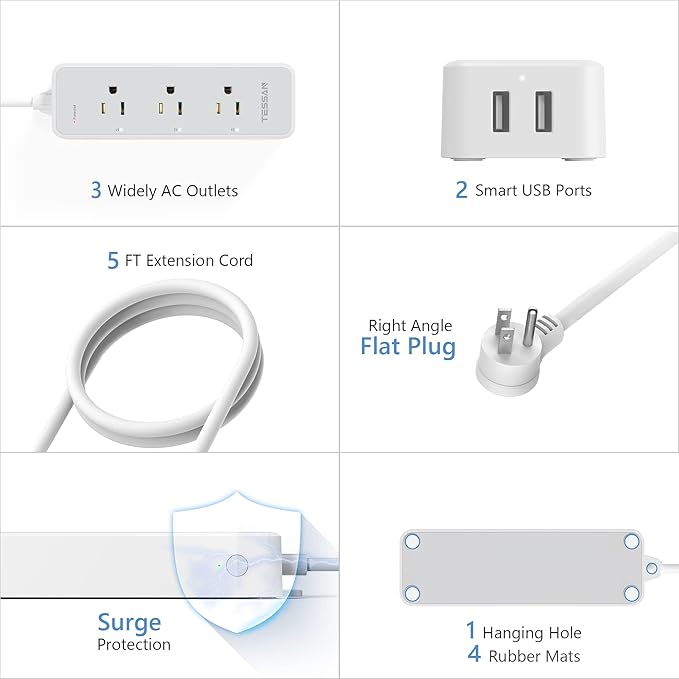 Smart Power Strip Surge Protector 900J, TESSAN WiFi Extension Cord with 3 Remote Controlled Outlets Socket 2 USB, Wall Mountable Timer Smart Plug Compatible with Alexa Google Home, Only 2.4 GHz Wi-Fi