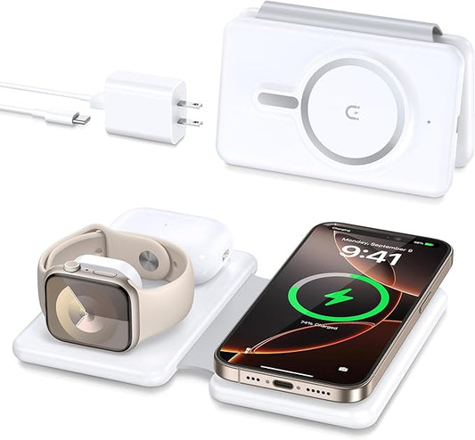 Magnetic Wireless Charger for iPhone: 3 in 1 Travel Charging Station for Apple Devices for iPhone 16 15 14 13 12 Pro Max Plus - Foldable Charging Pad for Apple Watch Series & Airpods 4 3 2 Pro