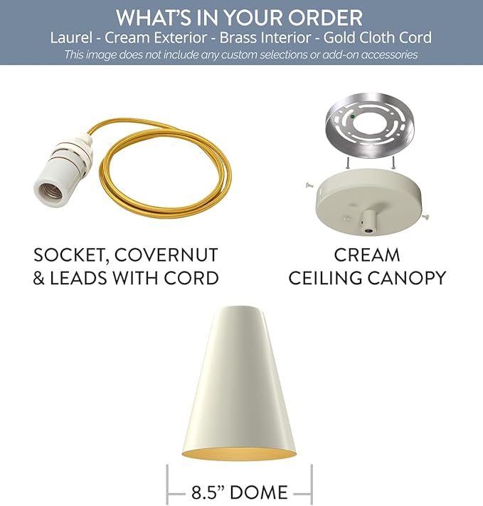 Steel Lighting Co. Laurel Pendant Light | Ceiling Mounted | 8.5 inch Cone Shade | Modern Contemporary Farmhouse Style Made in America | Gold Cloth Cord | Cream Exterior/Brass Interior
