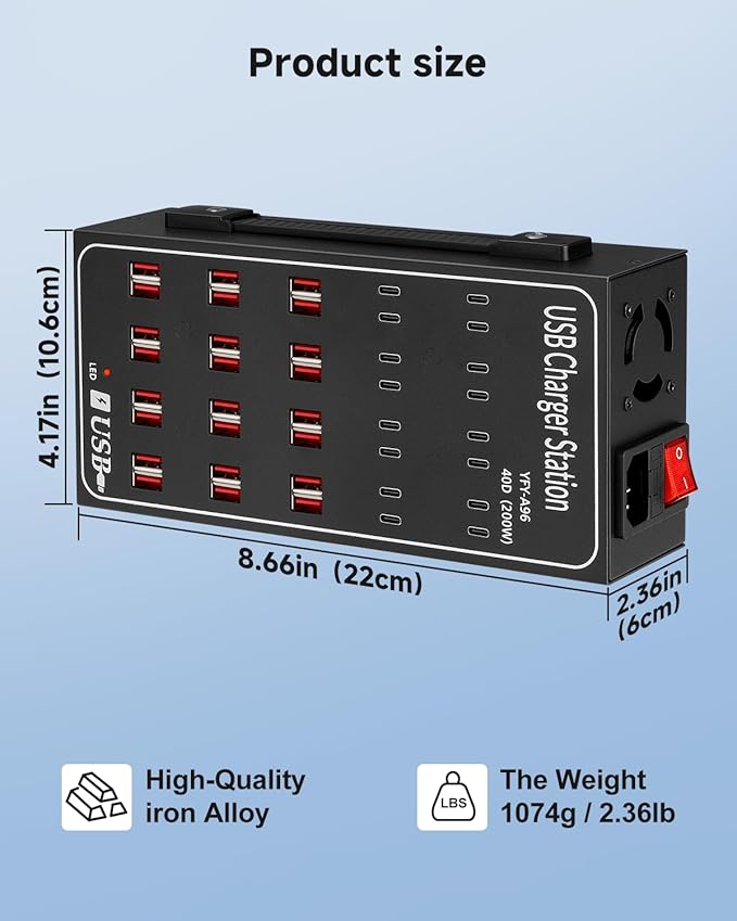 200W USB~c Charging Station, 40 Port (24 USB A & 16 USB~C Port) USB~C Charger Block, Fast Charging Station for Multiple Devices, Desktop USB Charger Compatible for iPhone, iPad, Tablets