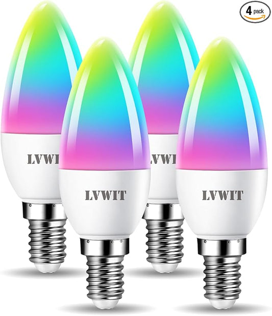 LVWIT Smart Light Bulb, WiFi Chandelier LED Bulb, E12 Base, 4.9W, 470Lm, 4Pk, Color Changing, Dimmable, Compatible with Alexa, Google Home, No Hub Required, B11, Warm White, 50000hrs Life