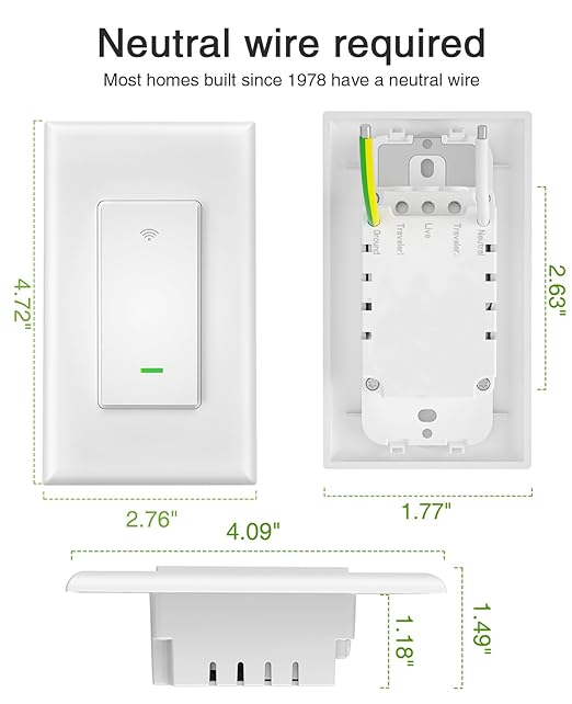 GHome Smart Switch, 3 Way Light Wi-Fi Switch Compatible with Alexa and Google Home, 2.4GHz Schedule Timer, Neutral Wire Required, 3-Way Installation and No Hub Required, FCC Listed (2-Pack), White
