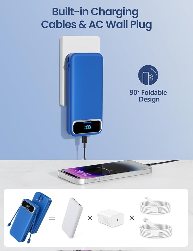 12000mAh Lightweight-Portable-Charger-Power-Bank with Built-in Cables and AC Wall Plug, PD20W USB-C Fast Charging Battery Pack, LED Display External Travel Phone Charger for All iPhone,Samsung,Android