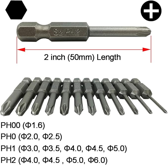 Phillips Cross Screwdriver Bits, 12Pcs 1/4 Hex Shank Magnetic Cross Phillips Screw Head Screwdriver Bits Electric Screwdriver Set Power Tools | 2 inch length