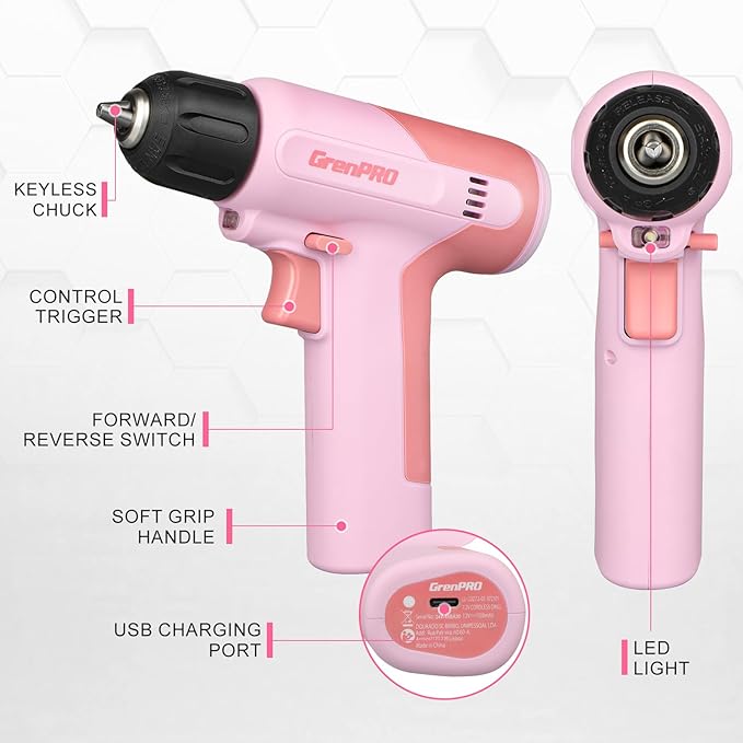 Cordless Drill, 7.2V Power Drill Set with 23pcs Acessories, 3/8" Keyless Chuck, Built-in LED, Type-C Charge Cable, Cleaning Brush Head, Pink Electric Screwdriver for Women