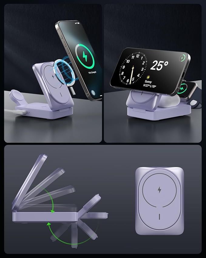 3-in-1 Wireless Charger Charging Station for iPhone, Qi2 Certified 15W Fast Charging Foldable Magnetic Charger Stand with 30W USB C Adapter for MagSafe iPhone 16/15/14/13/12, Apple Watch, AirPods