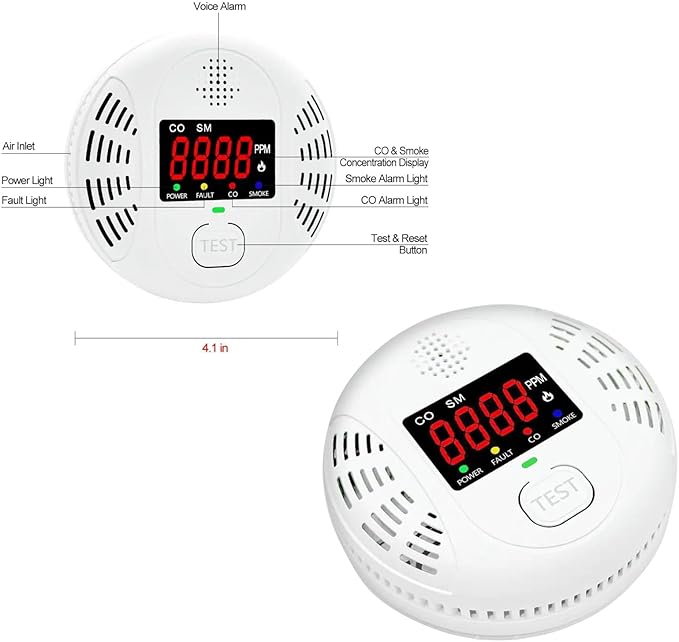 Carbon Monoxide and Smoke Detector Equipped with LCD Display, Battery Powered, Dual Sensor Alarm, 85dB Voice Alarm and Real-time CO Tracking, Suitable for Home/Kitchen/Bedroom/RV 2-Pack
