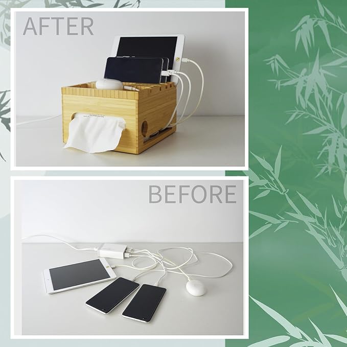 Eco-Friendly Bamboo Device Charging Stasion Organizer - Multi-Devic Manager, Cell Phone Holder and Tissue Box Combination Design - Multi-Device Charging Station, Home Charging Station