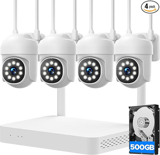 Home Security Camera System, 4Pcs PTZ Wireless Cameras with Auto Human/Pet/Vehicle Detection, 10CH 4K NVR with 24-7 Recording, 2-Way Audio, Smart Color Night Vision, Outdoor Surveillance Kit