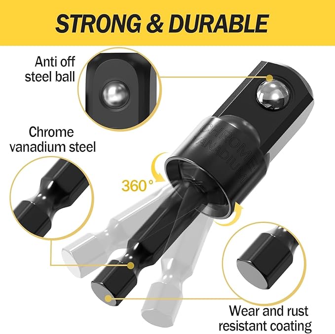 Impact Grade Driver Sockets Adapter Extension Set Drill Bit 3Pcs 1/4 3/8 1/2" 360°Rotatable Universal Socket Adapter Set+Right Angle Drill 105°Right Angle Screwdriver set Drill Hex Bit Socket Adapte