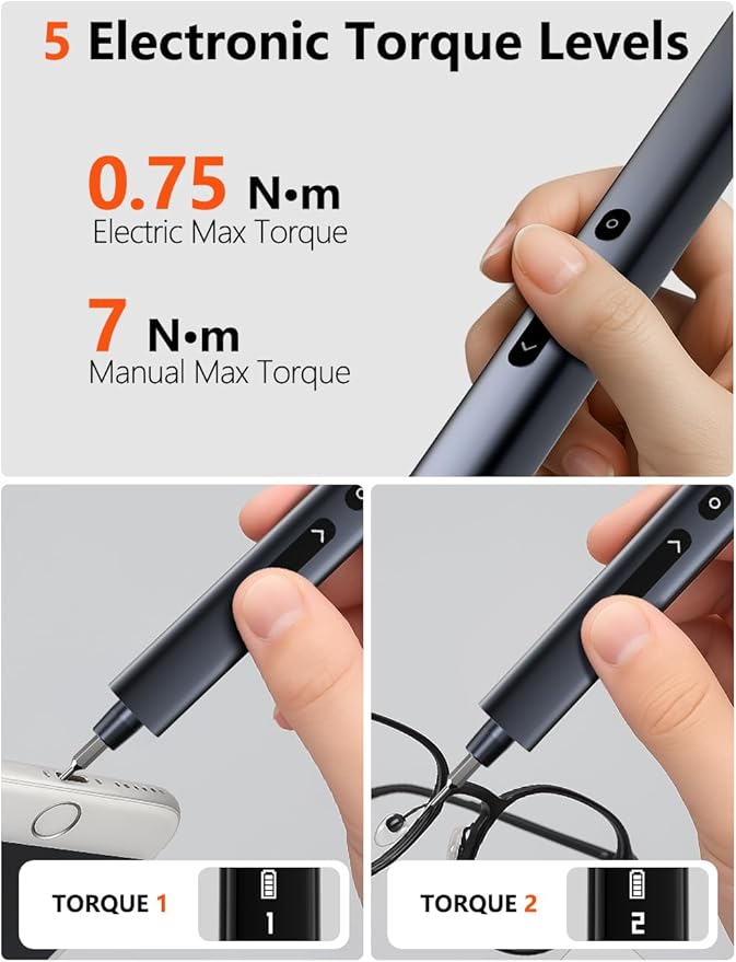 Electric Screwdriver Set, 80-in-1 Mini Electric Precision Screwdriver Cordless with 5 Torque Levels, Max 0.75N.m, 500mAh Battery, Small Power Screwdriver Kit for Laptop, Phone & Electronics Repair