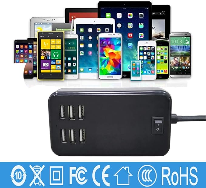 USB Charging Station 6-Port Desktop USB Charger Port Suitable for Smart Phones, All Charging Devices with SBU, Multi-Port Wall Charger with Switch (Black)