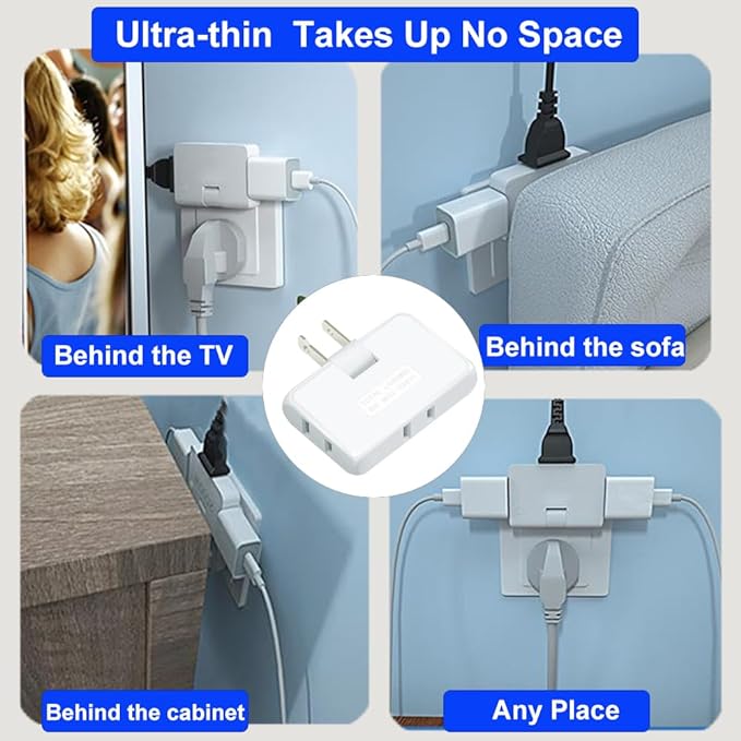 3 Way Flat Wall Outlet Extender,2 Prong180 Degree Portable Swivel Wall Tap Plug,Ultra Thin Folding Electrical Outlet Splitter (Easy Install),Type A,White,Pack of 2
