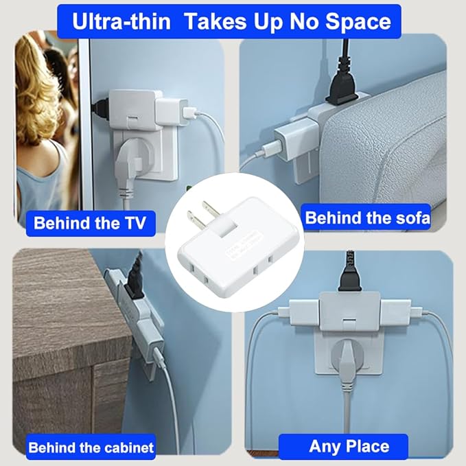 3 Pack AC Flat Wall Outlet Extender,3 Way 2 Prong180 Degree Portable Swivel Wall Tap Plug,Ultra Thin Folding Electrical Outlet Splitter (Easy Install),Type A,White