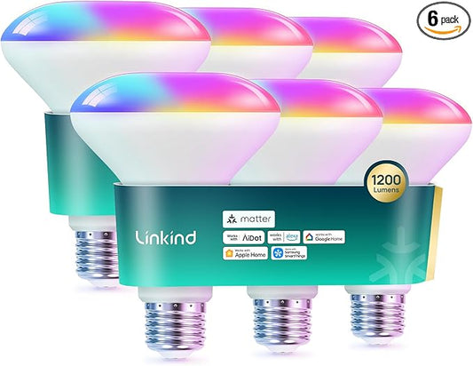 Linkind Matter Smart Light Bulb,1200LM BR30 Smart Flood Light Bulbs Compatible with Alexa, Apple Home, Google Home, RGBTW Recessed Color Changing Bulbs E26, 2.4GHz Only WiFi Light Bulbs LED, 6 Pack