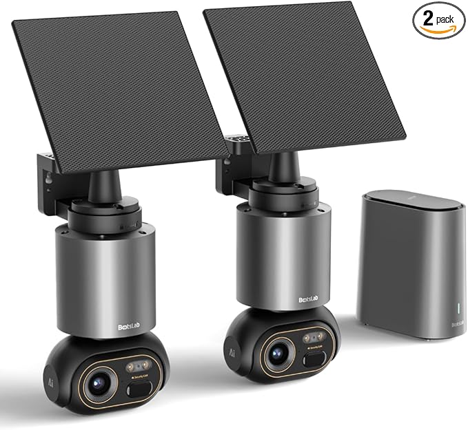 Security Cameras Wireless Outdoor, 2 Cam-Kit, 4K Color Night Vision, Solar Cameras for Home Security with 360° PT, No Monthly Fee, 32G Local Storage HomeBase, Auto Tracking, Easy Installation