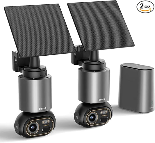 Security Cameras Wireless Outdoor, 2 Cam-Kit, 4K Color Night Vision, Solar Cameras for Home Security with 360° PT, No Monthly Fee, 32G Local Storage HomeBase, Auto Tracking, Easy Installation