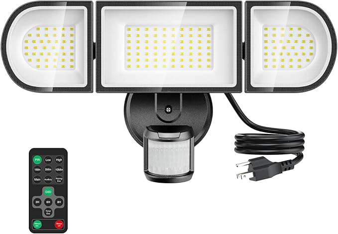 130W Motion Sensor Light Outdoor Plug in, 13000LM LED Security Lights with Remote Control, 3 Adjustable Heads, 3 Modes, Plug in Flood Lights Outodoor IP65 Waterproof for Garage Yard (Black)
