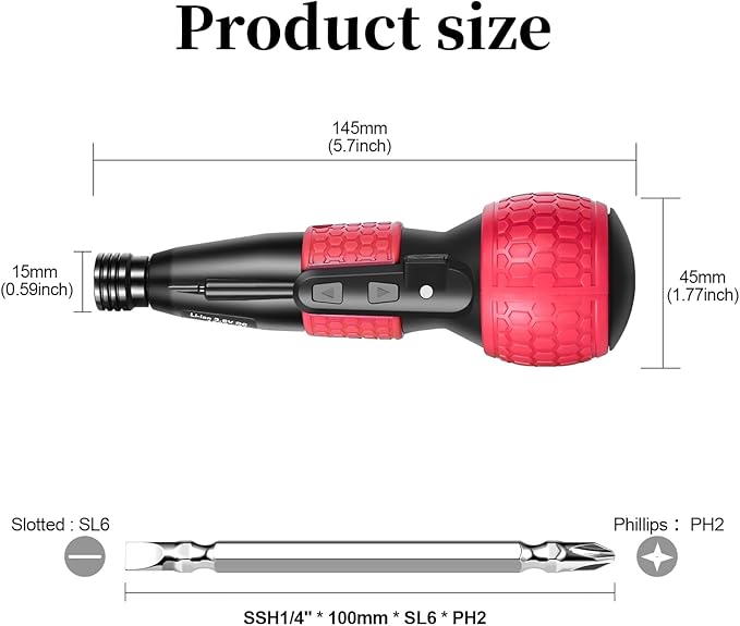 3.6V Cordless Rechargeable Electric Screwdriver - USB-C Charging 3.5Nm Torque, Magnetic Rust-Proof S2 Bits for Furniture Assembly (Red)