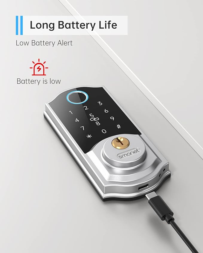 Smart Front Door Lock Set: SMONET Keyless Entry Door Lock with Handle, Front Handle Set Fingerprint Smart Deadbolt Bluetooth Electronic Digital Keypad, Alexa Unlock Silver