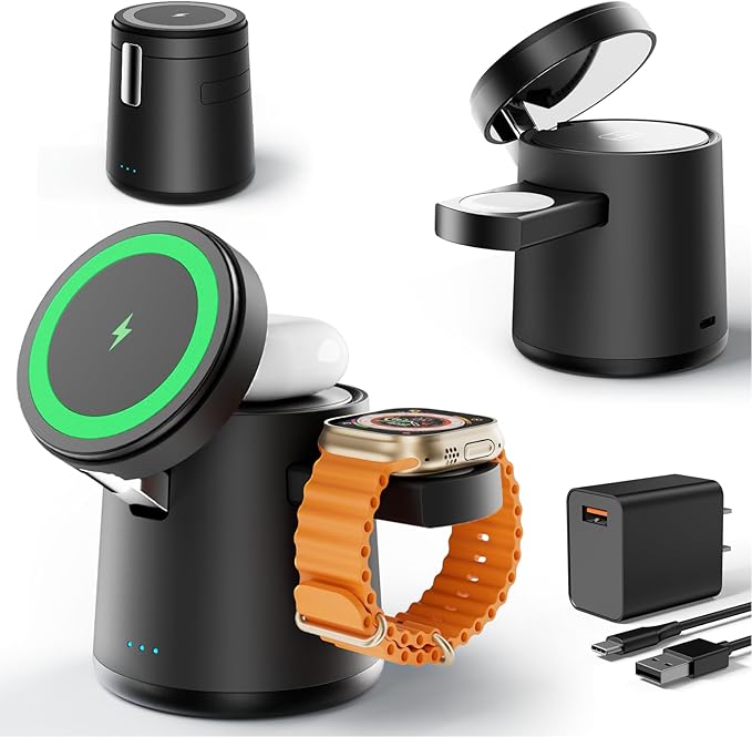 2025 Upgrade 3 in 1 Charging Station for Apple MagSafe Charger, Adjustable Portable Wireless Charging Stand, Fast Wireless Charger Dock for iPhone 16 15 14 13 12 Pro Max & Apple Watch AirPods (Black)