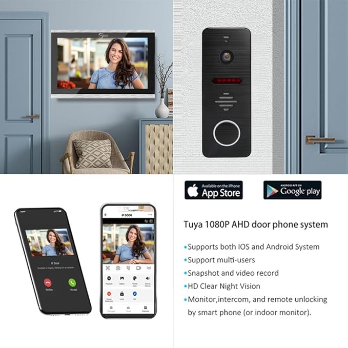 Wired Video Doorbell Apartment Intercom System with 1080P HD Camera,10 Inch Touch Monitor,TUYA WiFi Smart Home Video Intercom Door Phone Kits for Home Villa,32G (1 doorbell+4 Monitor)