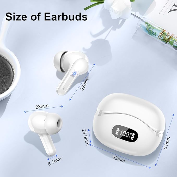 Wireless Earbuds, Bluetooth Headphones 5.4 HiFi Stereo, Ear Buds with 4 ENC Noise Cancelling Mics, 48H Bluetooth Earbuds with Dual LED Display, IP7 Waterproof in Ear Earphones for Android iOS, White